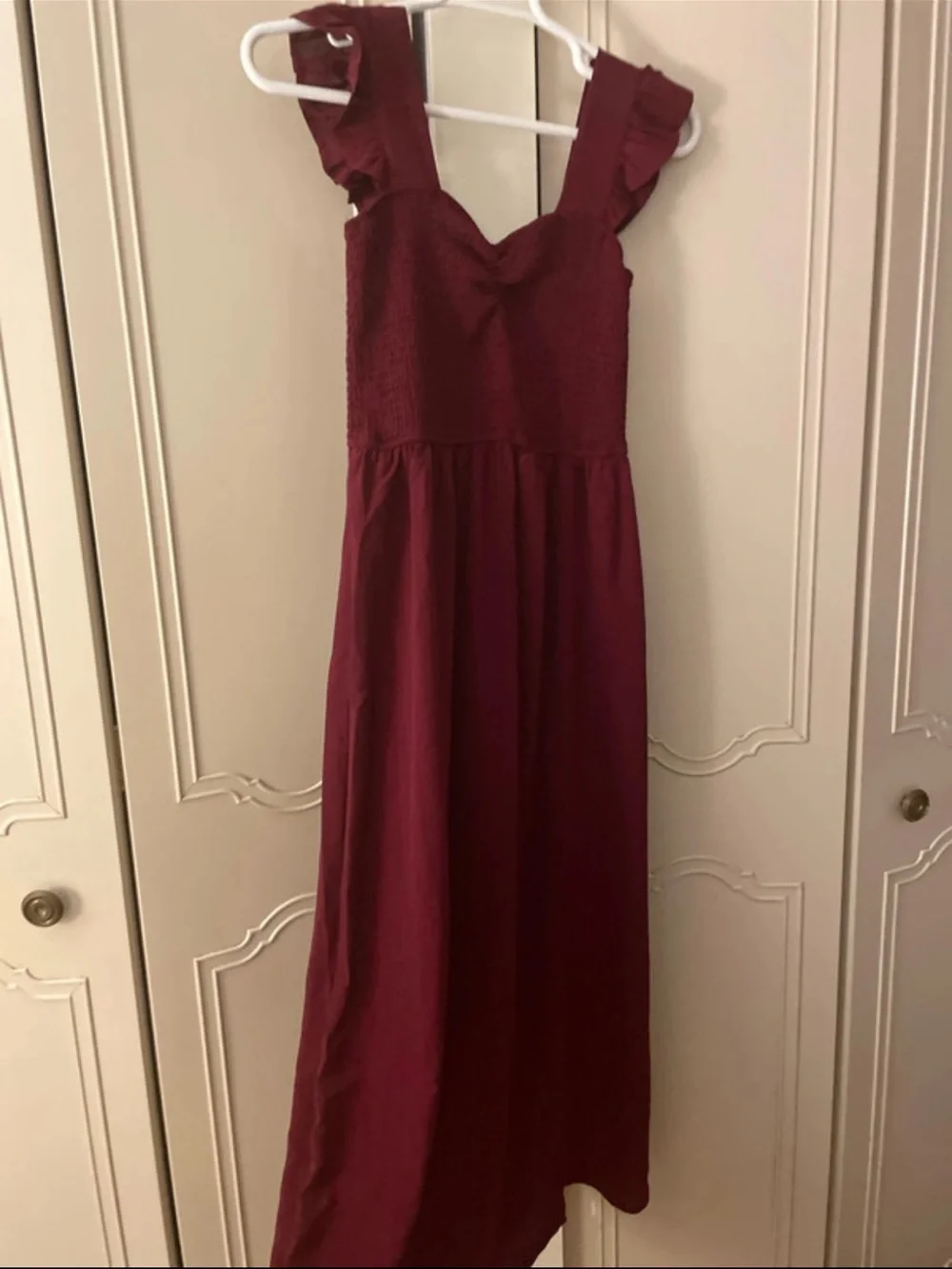 Inspired Hearts Wine Ruffle-Shoulder Maxi Dress